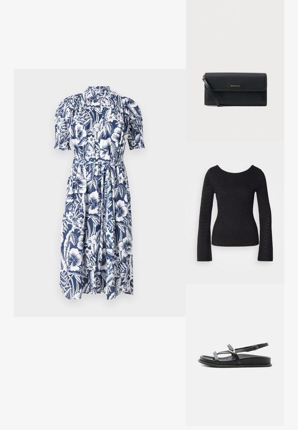 Haut noir à manches longues en tissu tricoté texturé, avec un col bateau et un motif chevrons sur tout le corps et les manches.; Robe floral bleu marine avec des motifs d'hibiscus et de feuilles blancs. Présente un col haut, des manches bouffantes et une taille nouée pour un ajustement ajustable.; Sandale plate noire avec fines lanières, détail triangulaire doré et boucle de cheville réglable, montrée de profil sur fond blanc.; Pochette bracelet en cuir noir texturé avec logo Michael Kors doré et bracelet pour poignet attaché sur fond gris clair.