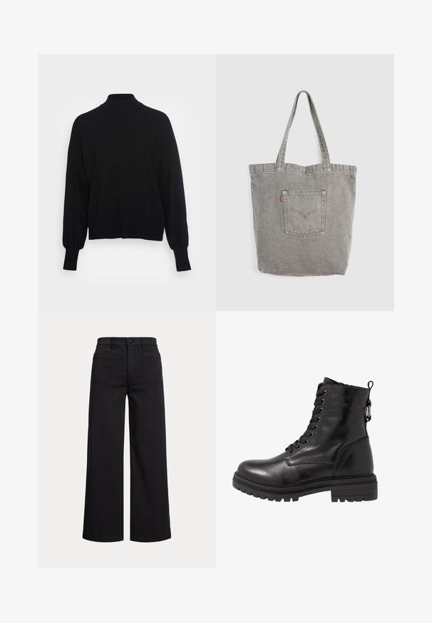 LASCANA CUDDLE - Trui - schwarz; Zwarte brede broek met opgestikte zakken aan de voorkant, riemlussen en een knoopsluiting aan de voorkant tegen een effen achtergrond.; Zwarte leren enkelboot met ronde neus, vetersluiting aan de voorkant en een getextureerde rubberen zool. Hij heeft een lus aan de achterkant en versterkte stiksels.; Grijze denim draagtas met dubbele handvatten en een doorgestikte vierkante zak met een klein rood label, tegen een effen achtergrond.