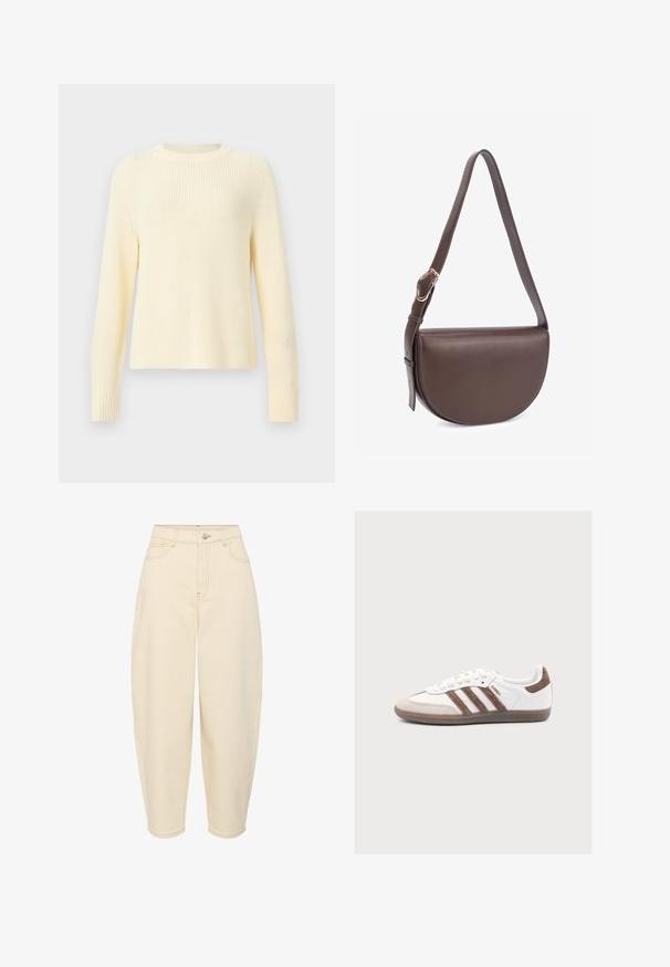Kremfarvet strikket sweater med lange ærmer, ribstrikkede manchetter og rund halsudskæring på en lys grå baggrund.; Beige højtaljede jeans med en løs pasform. Har fem lommer, lynlås foran og knaplukning. Fremstillet af robust bomuldsstof.; Hvid Adidas Samba sneaker med brune ruskindstriber, brun ruskindstå og gummisål på en lys grå baggrund.; Brun skuldertaske i læder med en buet form, justerbar rem og detaljer i guldmetal. Glat tekstur og minimalistisk design.