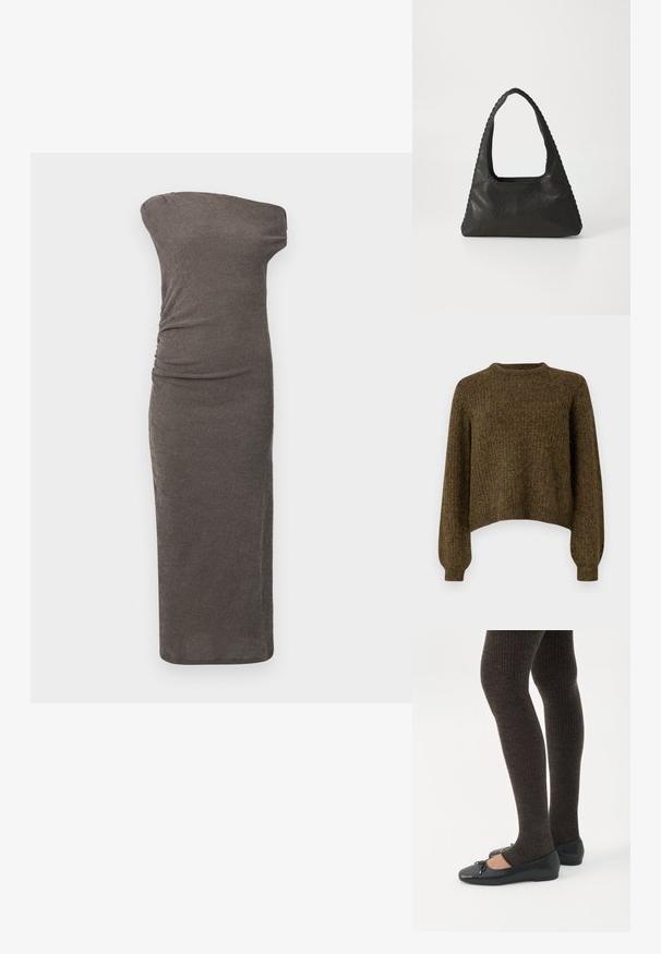 Bruine gebreide trui met een ronde halslijn, cropped ontwerp en lange mouwen. Gestructureerde stof met subtiele kleurvariaties.; Off-shoulder, aansluitende jurk van donkergrijze geribbelde stof, met zijruche en een rechte snit die onder de knie reikt.; Benen met donkere geribbelde leggings gecombineerd met zwarte ballerina's met kleine strikdetails op een witte achtergrond.; Zwart leren handtas met een triangulaire vorm, een grote uitsparingshandgreep en gedetailleerde stiksels langs de randen. Glad textuur.