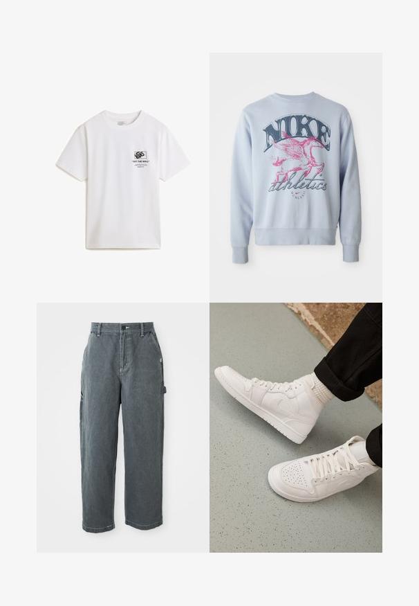 Vaaleansininen collegepaita, jossa on suuri graafinen kuva vaaleanpunaisesta siivekkäästä hevosesta ja mustasta "NIKE"-tekstistä. Pehmeää kangasta, pyöreä kaula-aukkko ja ribbireunukset hihansuissa.; Valkoinen puuvillapaita lyhyillä hihoilla, jossa on musta graafinen painatus vasemmalla puolella, johon kuuluu Vans-logo ja tekstiedot.; Tummanharmaat suorat työhousut, joissa on vyölenkit, etunappi ja vetoketju, sivutaskut sekä vasara-pidike oikeassa lahkeessa.; Valkoiset korkeavartiset tennarit, jotka on valmistettu sileästä nahasta, jossa on rei'itetty kärki, nauhakiristys ja hillitty logodetaali sivussa. Teksturoitu kumipohja.