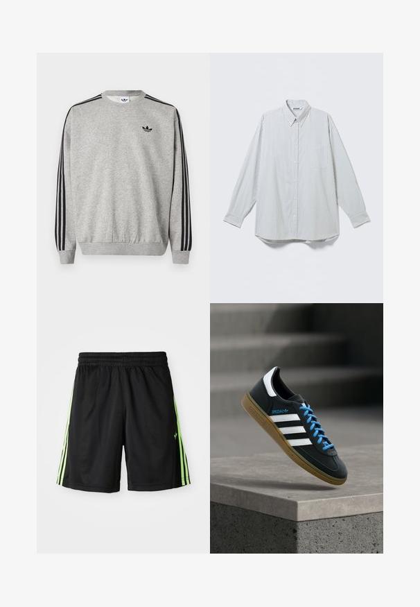 Svetlosivá mikina Adidas s čiernymi tromi pruhmi na rukávoch a čiernym logom trefoil na ľavej strane hrudníka, s okrúhlym výstrihom a rebrovanými manžetami.; Biela košeľa s dlhým rukávom na gombíky s tenkými čiernymi zvislými pruhmi a vreckom na hrudi, zobrazená na svetlom pozadí.; Čierne športové šortky s elastickým pásom, pričom na každej strane sú dve vertikálne neonové zelené pruhy a na prednej ľavej strane je malá značka.; Čierna teniska Adidas s bielymi pruhmi, modrými šnúrkami a gumovou podrážkou, ktorá sa vznáša nad sivým betónovým schodom v mäkkom svetle.