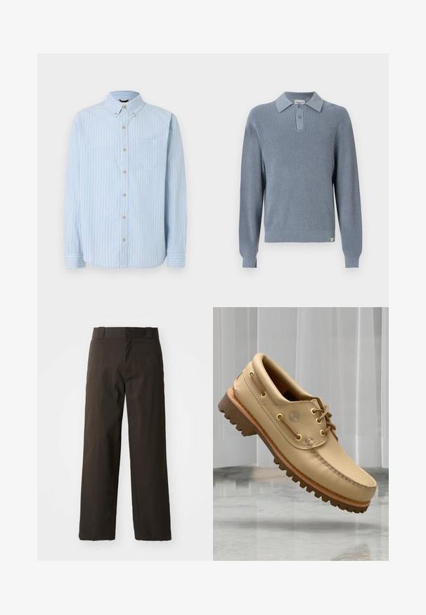 Pull-over tricoté bleu avec une texture côtelée, doté d'un col avec ouverture boutonnée. Poignets et ourlet élastiques complètent le design.; Chemise bleu clair à manches longues avec rayures verticales blanches, bleues et beiges, col à boutons, poche poitrine et boutons beiges.; Pantalons en coton noirs avec une coupe droite, dotés d'une fermeture à bouton et d'une taille classique. Texture lisse, sans motifs ni accents.; Chaussure bateau en cuir marron clair avec semelle épaisse et striée et détails de lacets, flottant au-dessus d'un sol en marbre et d'un fond de stores verticaux blancs.