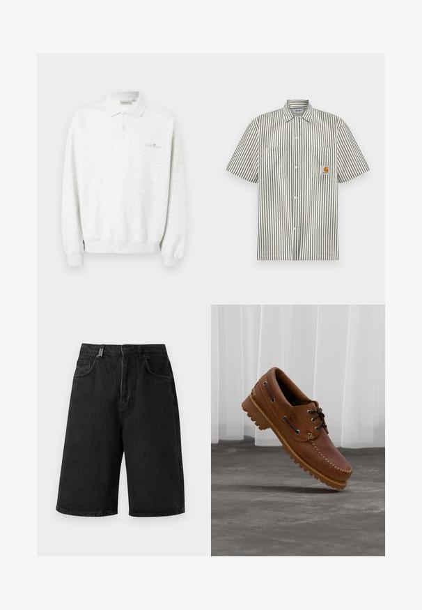 Polo blanc à manches longues avec deux boutons et poignets côtelés, arborant un logo brodé subtil sur la poitrine.; Chemise à manches courtes rayée gris et blanc, avec deux poches poitrine et un écusson logo rectangulaire orange. Fermeture à boutons sur le devant.; Shorts en denim noir avec une coupe ample, une taille mi-haute, cinq poches et des passants de ceinture. Le tissu a une texture lisse et des détails de couture subtils.; Chaussure de bateau en cuir marron avec des lacets noirs, des coutures beiges et une semelle robuste, suspendue au-dessus d'un sol en béton gris.