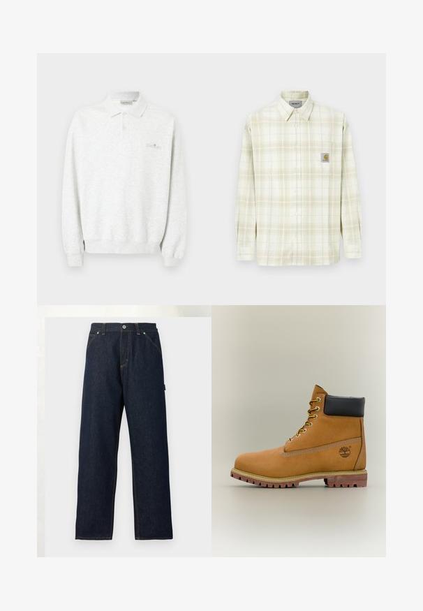 Polo blanc à manches longues avec deux boutons et poignets côtelés, arborant un logo brodé subtil sur la poitrine.; Chemise à carreaux de couleur claire avec des manches longues, un devant à boutons et une poche poitrine avec un patch logo. Matière en coton au toucher doux.; Jean en denim bleu foncé à jambes droites avec poches avant, passants pour ceinture et fermeture par bouton à la taille sur un fond uni.; Bottine en cuir marron avec col noir, lacets jaunes et semelle beige. Présente un logo et des détails de couture blanche. Semelle extérieure à traction robuste.