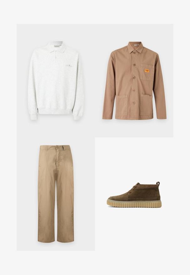 Wit poloshirt met lange mouwen, twee knopen en geribbelde manchetten, met subtiel geborduurd logo op de borst.; Beige blousejas met lange mouwen, knopen, kraag, drie voorzakken en een klein oranje patch op de borstzak.; Beige broek met rechte pijpen, voorzien van gordelriemlussen, knoopsluiting en ritssluiting, weergegeven tegen een eenvoudige lichte achtergrond.; Bruine suède enkellaarzen met een ronde neus, minimale stiksels en een gestructureerde, dikke rubberen zool. Voorzien van een vetersluiting en een hieltab.