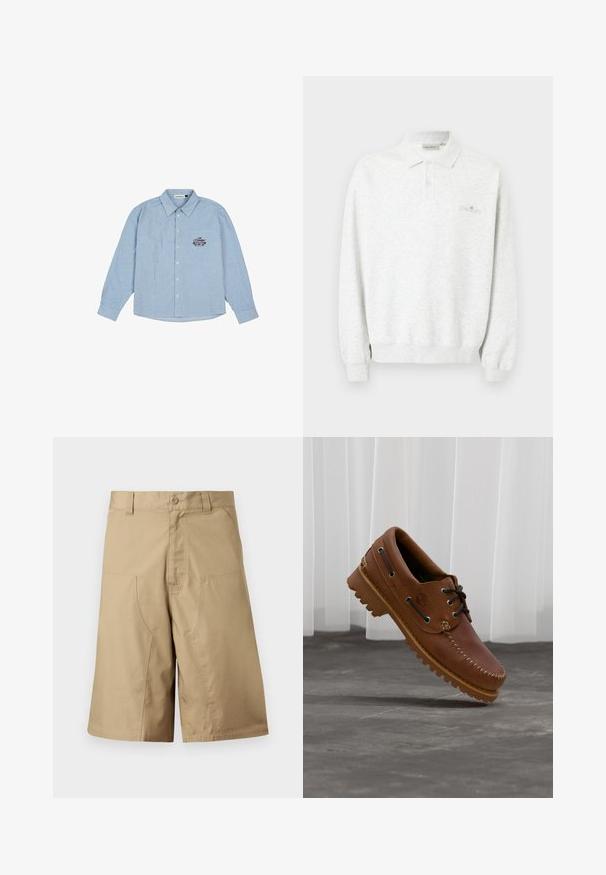Polo blanco de manga larga con dos botones y puños acanalados, con un sutil logo bordado en el pecho.; Camisa de rayas azul claro, de mangas largas, con cierre de botones en la parte delantera y cuello puntiagudo. Presenta un diseño bordado en el lado izquierdo.; Pantalones cortos caqui de corte recto, confeccionados con tela ligera, con dos bolsillos delanteros y cierre de botón en la cintura.; Zapato náutico de cuero marrón con cordones negros, costuras beige y una suela resistente, suspendido sobre un suelo de hormigón gris.