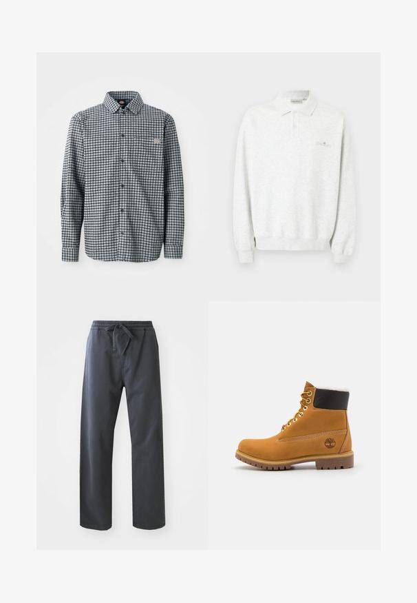Polo blanco de manga larga con dos botones y puños acanalados, con un sutil logo bordado en el pecho.; Camisa de cuadros en blanco y negro de manga larga con botones, cuello y un pequeño parche con logo en el bolsillo del pecho izquierdo.; Pantalones negros con cinturilla elástica y cordón, que presentan un diseño de pierna recta y una textura suave. Sin bolsillos visibles ni patrones.; Botín de cuero marrón con ojales de metal, forro de piel sintética blanca, cuello acolchado negro, suela resistente y logotipo en relieve en el costado.