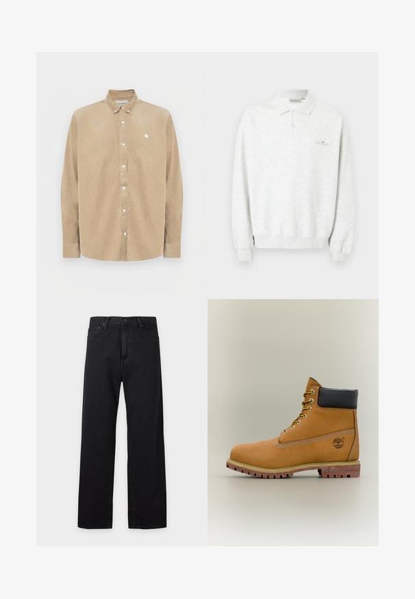 Long-sleeve white polo shirt with two buttons and ribbed cuffs, featuring subtle embroidered logo on chest.; Beige corduroy button-up shirt with a collar, white buttons, and a small logo on the left chest. Features long sleeves and a straight cut.; Black straight-leg jeans with front button and zipper closure, belt loops, and five-pocket design on a plain light background.; Brown leather ankle boot with black collar, yellow laces, and tan sole. Features logo and white stitching detail. Rugged traction outsole.