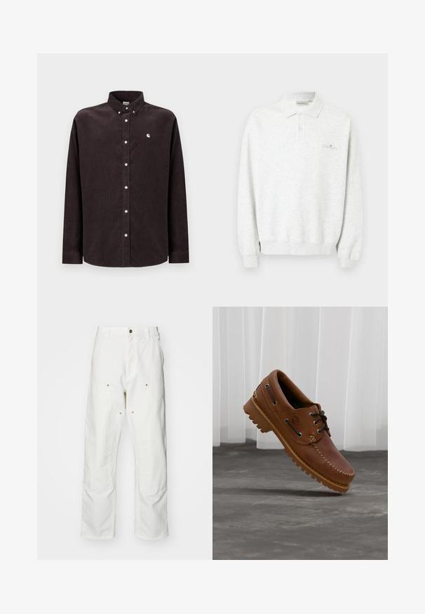 Long-sleeve white polo shirt with two buttons and ribbed cuffs, featuring subtle embroidered logo on chest.; Dark brown corduroy shirt with a button-down collar, long sleeves, white buttons, and a small logo on the left chest.; White cotton cargo pants with a relaxed fit. Features include front pockets, gold hardware accents, and reinforced knee sections.; Brown leather boat shoe with black laces, beige stitching, and a rugged sole, suspended above a gray concrete floor.