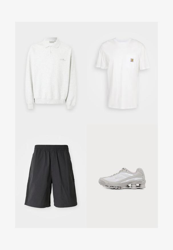 Polo blanc à manches longues avec deux boutons et poignets côtelés, arborant un logo brodé subtil sur la poitrine.; T-shirt en coton blanc à manches courtes, avec une poche poitrine et un petit patch logo carré en orange et blanc sur la poche.; Shorts noirs avec un design texturé et côtelé, taille élastique et deux poches latérales. Style décontracté, longueur au-dessus du genou.; Baskets de sport grises et blanches avec semelle à coussin d'air visible et panneaux en mesh, présentées de profil sur un fond clair uni.