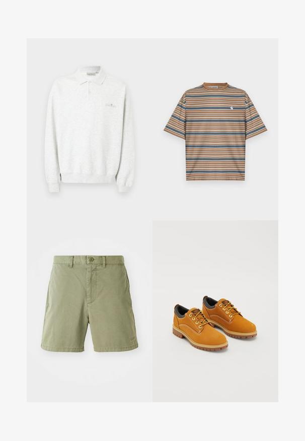 Wit poloshirt met lange mouwen, twee knopen en geribbelde manchetten, met subtiel geborduurd logo op de borst.; Bruine gestreepte T-shirt met korte mouwen, voorzien van horizontale strepen in blauw, wit en marineblauw. Heeft een klein wit logo op de borst.; Kaki shorts van zacht katoen met een gladde textuur. Voorzien van een knoopsluiting, zijzakken en een klein logo op de zoom.; Bruine suède schoenen met een ronde neus, gele veters, een gewatteerde zwarte kraag en rubberen zolen met gripgroeven.