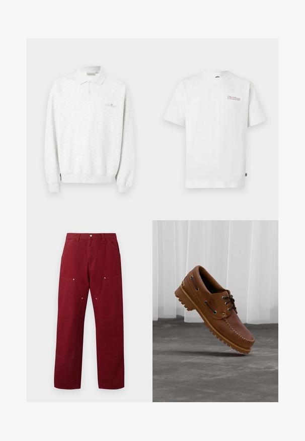 Polo blanco de manga larga con dos botones y puños acanalados, con un sutil logo bordado en el pecho.; Camiseta blanca de algodón con mangas cortas, cuello redondo y un logotipo rosa "Dickies" en el área izquierda del pecho. Textura suave.; Pantalones de algodón burdeos con corte recto, que cuentan con dos bolsillos frontales, herrajes plateados y acentos en las rodillas. Textura suave, de peso medio.; Zapato náutico de cuero marrón con cordones negros, costuras beige y una suela resistente, suspendido sobre un suelo de hormigón gris.