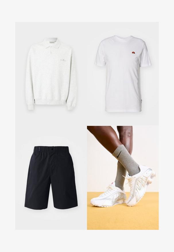Hvid langærmet polo med to knapper og ribstrikkede manchetter, med diskret broderet logo på brystet.; Enkelt hvid t-shirt med korte ærmer med et lille rødt og orange halvcirkel-logo på øverste venstre brystområde.; Sorte shorts lavet af letvægtsstof, med flad front, elastisk talje og sidelommer. Enkel design uden mønstre.; Nike sneakers i hvid med sølv accenter, der har teksturerede paneler og perforeringer. Sammen med grå ribbede sokker, sat mod en gul baggrund.