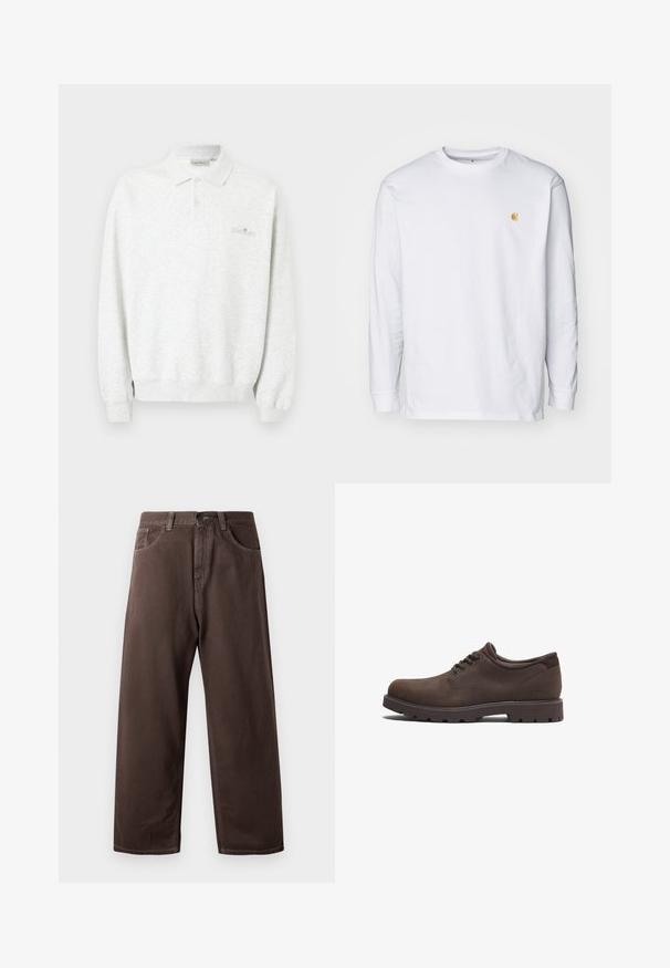 Wit poloshirt met lange mouwen, twee knopen en geribbelde manchetten, met subtiel geborduurd logo op de borst.; Witte lange mouwen t-shirt van katoen. Voorzien van een klein gouden logo op de borst en een ronde hals. Eenvoudig ontwerp en standaard pasvorm.; Bruine wijde broek van katoen, met een klassiek vijf-pocketdesign, een ritsgulp en zichtbare stikseldetails.; Bruine leren schoenen met een ronde neus en vetersluiting. Voorzien van een gestructureerd oppervlak en een rubberen zool met hoge grip. Subtiel logo aan de zijkant.