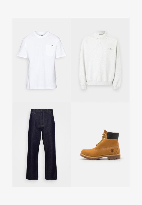 Hvid langærmet polo med to knapper og ribstrikkede manchetter, med diskret broderet logo på brystet.; Hvid bomulds t-shirt med rund halsudskæring, korte ærmer og en brystlomme med et lille mærke-logo på venstre side.; Mørkeblå lige ben denim jeans med forlommer, bæltestropper, lynlås og knaplukning, præsenteret foran en simpel hvid baggrund.; Brune læder ankelstøvle med metaløjer, hvid pelsforing, sort polstret krave, robust sål og præget logo på siden.