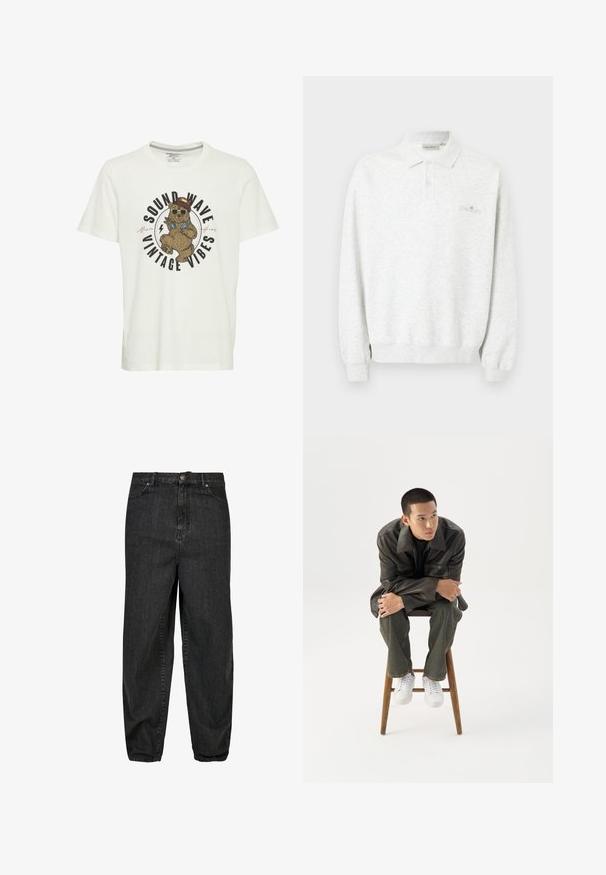 Wit poloshirt met lange mouwen, twee knopen en geribbelde manchetten, met subtiel geborduurd logo op de borst.; Witte katoen T-shirt met een grafiek van een beer in een zonnebril en een hoed, met de tekst "SOUND WAVE VINTAGE VIBES" in vette letters.; Zwarte spijkerbroek van denim met een relaxte pasvorm, voorzien van een sluiting met een knoop aan de voorkant, vijf zakken en subtiele vervagingsdetails op de stof.; Jonge man in een donkere leren jas en spijkerbroek zit op een houten kruk, leunt naar voren met gekruiste armen en kijkt naar de zijkant tegen een witte achtergrond.