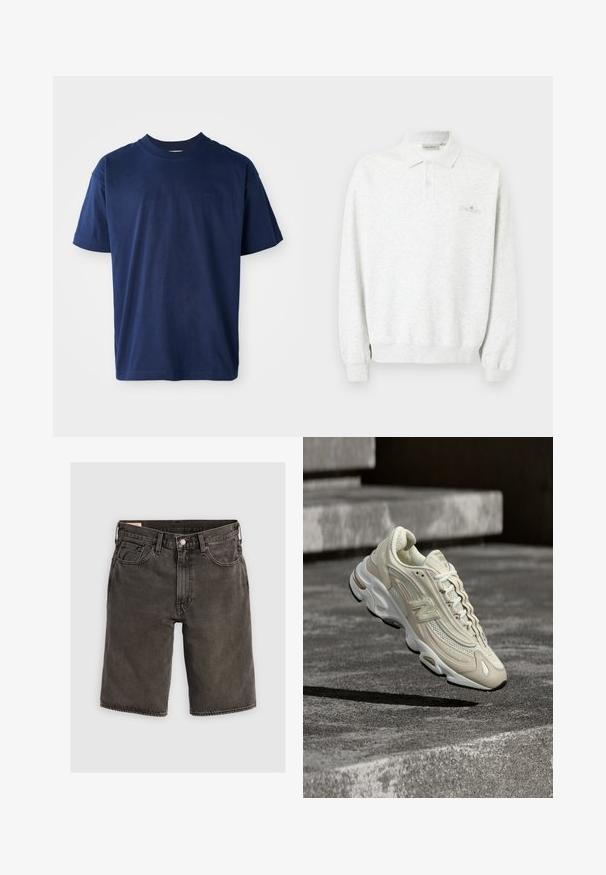 Hvid langærmet polo med to knapper og ribstrikkede manchetter, med diskret broderet logo på brystet.; Marineblå bomulds T-shirt med rund hals, korte ærmer og et diskret præglogo på brystet. Enkel flad design, blød tekstur.; Mørkegrå denimshorts med normal pasform, der har fem lommer, knaplukning og en struktureret talje. Blød tekstur, rent design.; Beige og hvid New Balance-sneaker med mesh- og læderdetaljer, i luften over betontrapper og kaster en skarp skygge.
