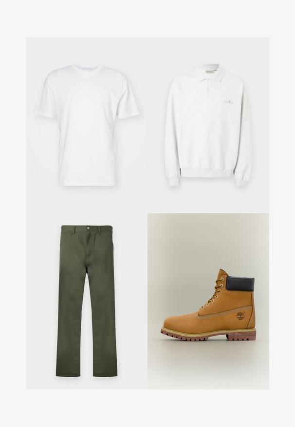 Polo branco de manga comprida com dois botões e punhos com costura canelada, apresentando um logótipo subtil bordado no peito.; T-shirt de algodão branca com mangas curtas, decote redondo e uma textura suave. Design simples sem padrões ou gráficos.; Calças verde-oliva feitas de tecido resistente, com design de perna reta, bolsos frontais e fecho de botão. Textura suave.; Bota de tornozelo em pele castanha com colarinho preto, atacadores amarelos e sola castanha clara. Apresenta logótipo e detalhes em costura branca. Sola exterior resistente com tração robusta.