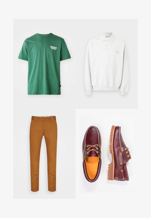 Langärmliges weißes Polohemd mit zwei Knöpfen und gerippten Bündchen, mit dezent besticktem Logo auf der Brust.; Grünes Baumwoll-T-Shirt mit rundem Halsausschnitt, kurzen Ärmeln und einem weißen Logo auf der linken Brust. Glatte Textur und entspannte Passform.; Braune Baumwollhose mit geradem Schnitt, Fronttaschen und einer sauberen, glatten Textur. Verfügt über Gürtelschlaufen und dezente Nähdetails.; Bordeauxfarbene Lederschuhe mit braunen Gummisohlen, runder Zehenform, weißen Nähten und goldenen Ösen. Das Innenfutter weist eine gelbe Beschichtung auf.