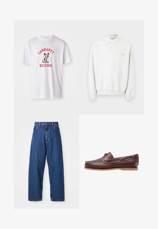 Polo blanc à manches longues avec deux boutons et poignets côtelés, arborant un logo brodé subtil sur la poitrine.; T-shirt en coton blanc avec le texte brodé rouge "CARHARTT WILD DOGS" et un graphique de chien cartoon sur le devant. Manches courtes, col rond.; Jean large en denim bleu foncé. Présente une taille haute, des passants de ceinture et un design classique à cinq poches. Ourlet piqué avec une finition soignée.; Chaussure bateau en cuir marron avec coutures blanches, détails de lacets et semelle en caoutchouc beige, vue de côté sur fond blanc.