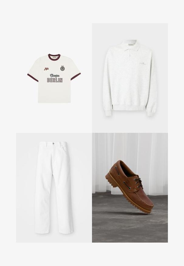 Polo blanco de manga larga con dos botones y puños acanalados, con un sutil logo bordado en el pecho.; Camiseta blanca de manga corta con ribete burdeos, texto "Escape BERLIN" en el centro del frente, "Mitte" en el lado izquierdo del pecho y un emblema circular con dos estrellas en el lado derecho del pecho.; Pantalones de mezclilla blanca con un diseño de pierna recta, que cuentan con un cierre frontal de botón y cremallera, cinco bolsillos y un acabado limpio y texturizado.; Zapato náutico de cuero marrón con cordones negros, costuras beige y una suela resistente, suspendido sobre un suelo de hormigón gris.