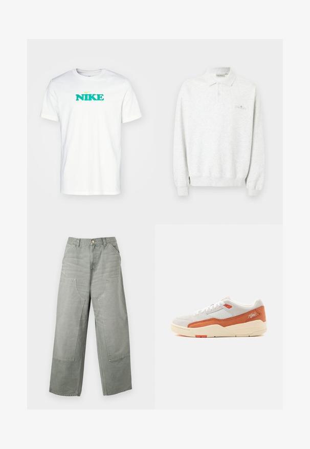 Langärmliges weißes Polohemd mit zwei Knöpfen und gerippten Bündchen, mit dezent besticktem Logo auf der Brust.; Weißes Baumwoll-T-Shirt mit rundem Halsausschnitt und kurzen Ärmeln. Verfügt über ein großes grünes "NIKE"-Logo und darunter Text in Grün und Gelb.; Locker sitzende, hoch taillierte graue Hose mit weitem Bein, großen aufgesetzten Taschen vorne, Gürtelschlaufen und Knopfverschluss.; Low-Top-Sneaker mit weißem Mesh- und Wildlederobermaterial, hellorangen Lederakzenten, cremefarbiger Sohle und dem Schriftzug „Flight“ auf dem Fersenpanel.