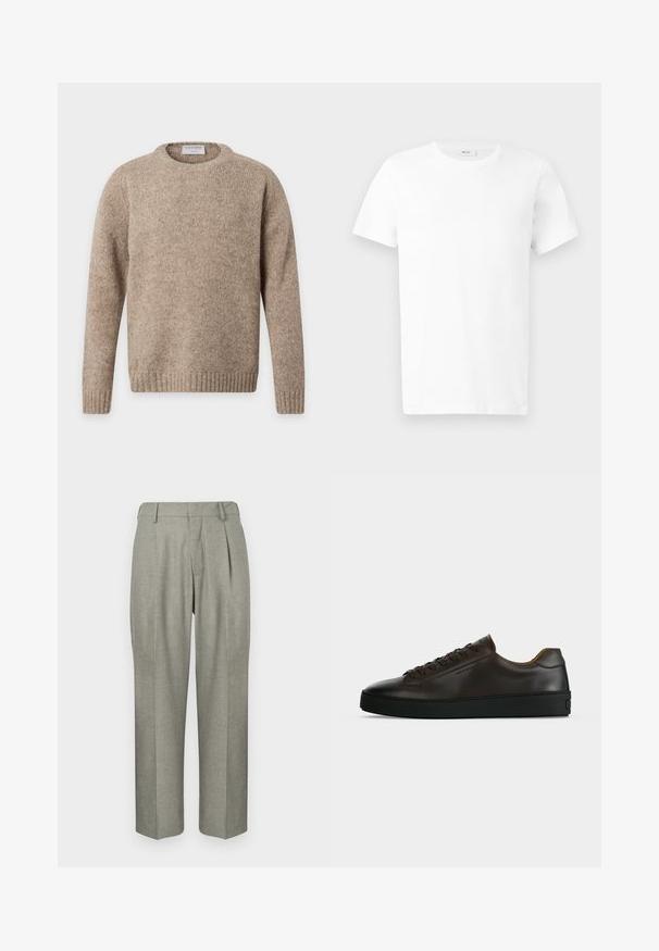 Pull en laine beige à col rond, manches longues avec poignets et bas côtelés, présenté sur un fond uni clair.; T-shirt en coton blanc uni à manches courtes avec col rond, présenté à plat sur un fond gris clair.; Pantalons gris clair en tissu texturé. Ils présentent une coupe droite, des plis à l'avant et une taille plate.; Baskets basses en cuir marron foncé avec semelle en caoutchouc noire, lacets à l'avant et design minimaliste épuré sur fond clair.