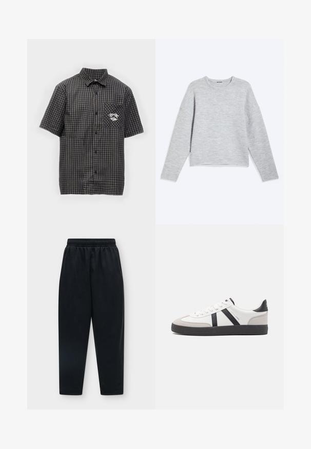 Pull gris clair à manches longues avec col rond, confectionné en tissu tricoté doux, doté d'un ourlet droit et d'une texture chinée subtile.; Chemise à manches courtes avec boutons, motif à carreaux noir et gris et petit logo sur la poche poitrine gauche.; Pantalon de jogging noir avec taille élastique, coupe décontractée et jambes fuselées sur un fond gris clair.; Baskets blanches avec des accents noirs et gris, présentant un embout texturé gris, une semelle en caoutchouc noir et des lacets plats blancs. Design épuré, style minimaliste.