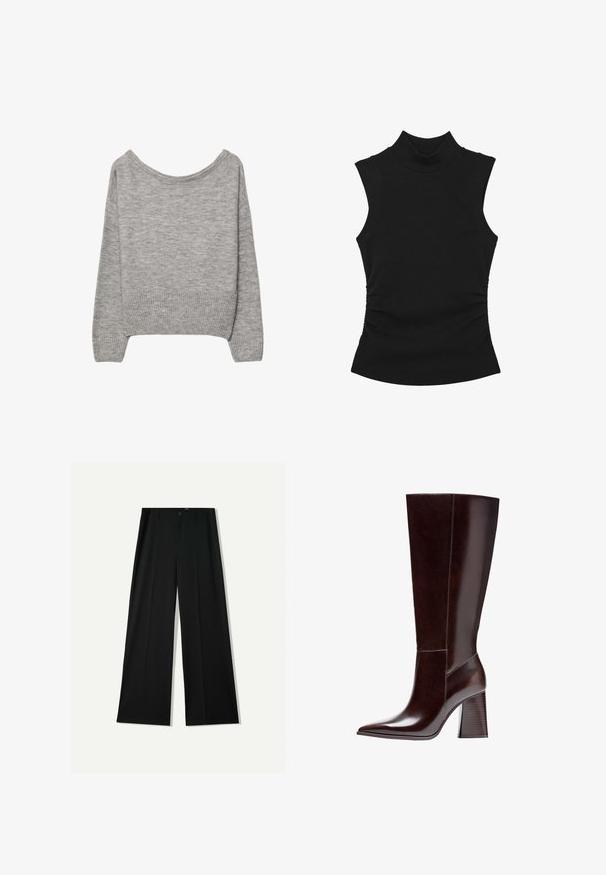 Grauer, verkürzter Pullover aus weichem Strick. Mit weitem Ausschnitt, gerippten Bündchen und Saum. Einfaches Design ohne Muster oder Verzierungen.; Schwarzes ärmelloses Oberteil mit hohem Kragen, hergestellt aus elastischem Stoff. Verfügt über geraffte Details an den Seiten und eine figurbetonte Silhouette.; Bershka WIDE - Stoffhose - black; Braune Leder-Knöchelstiefel mit spitzem Zehenbereich und strukturiertem Blockabsatz. Verfügt über eine klare Linienführung und minimale Nähdetails.