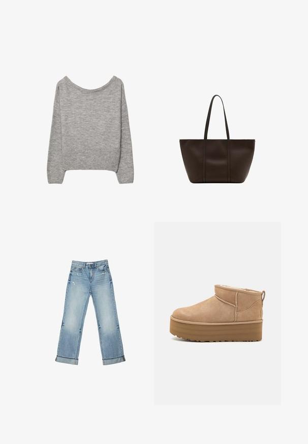 Grå, cropped sweater i en blød strik. Har en bred halsudskæring, ribbede manchetter og kant. Enkel design uden mønstre eller pynt.; Lyseblå cowboybukser med vide ben, opkrogede kanter og let slid foran ved lommerne og lårene.; Beige ruskinds ankelstøvler med et blødt indre, der har en platformssål og en strop bagpå for nem påtagning. Tekstureret gummisål.; Stor mørkebrun læder-tote med to lange hanke, enkelt design, glat tekstur og ingen synlige logoer eller udsmykninger.