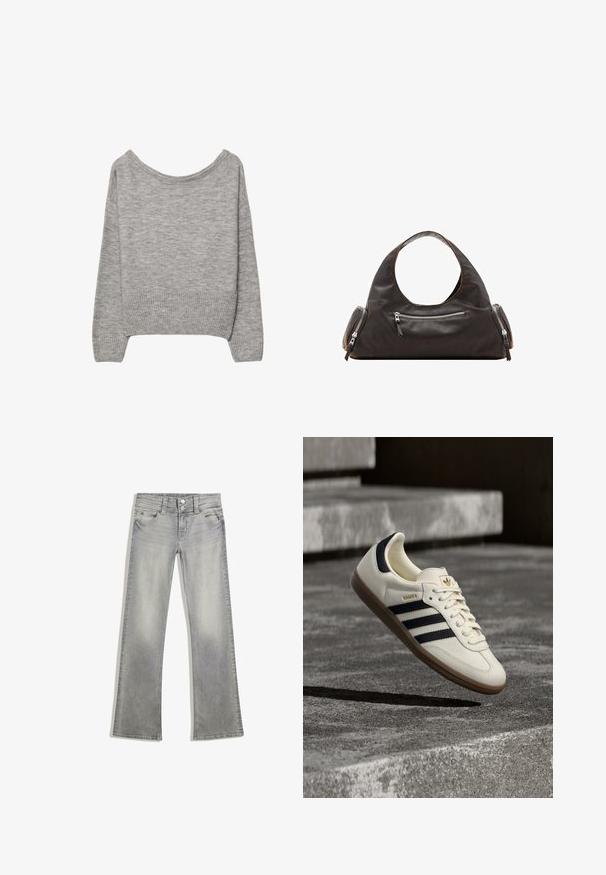 Grå, cropped sweater i en blød strik. Har en bred halsudskæring, ribbede manchetter og kant. Enkel design uden mønstre eller pynt.; Grå denim flared jeans med en afdæmpet finish, der har en knaplukning, fem lommer og syet detaljering langs taljebåndet og kanten.; Hvid Adidas Samba sneaker med sorte striber og gummsål, svævende over teksturerede grå betonstrin.; Sort læderhåndtaske med et rundt øverste håndtag, to sidelommer med lynlåse og glat tekstur. Let slap design.