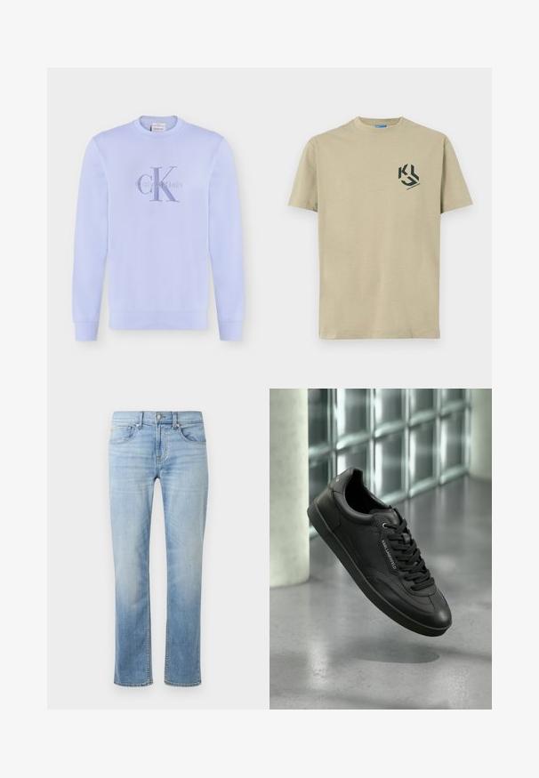 Hellviolettes Sweatshirt mit langen Ärmeln und Rundhalsausschnitt, mit dem Calvin Klein „cK“-Logo in passendem Violett auf der Brust bestickt.; Helles beiges Baumwoll-T-Shirt mit kurzen Ärmeln und rundem Halsausschnitt, das ein schwarzes Grafiklogo auf der linken Brustseite zeigt.; Hellblaue Denim-Jeans mit einem geraden Bein-Design, fünf Taschen, sichtbaren Nähten und einem ausgewaschenen Finish an den Oberschenkeln und Knien.; Schwarzer Ledersneaker mit strukturierter Oberfläche, flachen Schnürsenkeln, abgerundeter Zehe und Gummisohle. Verfügt über ein Logodetail an der Seite.