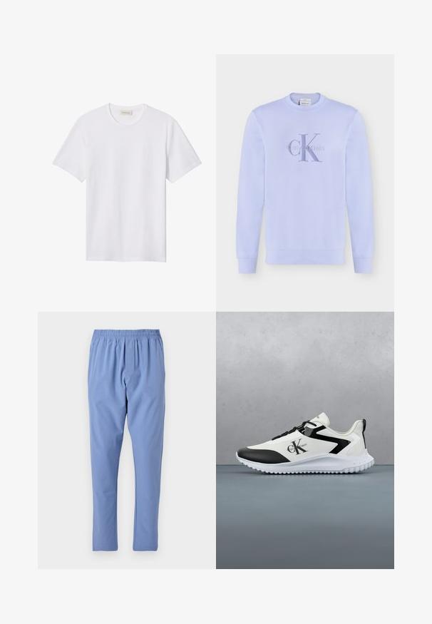 Lichtpaarse longsleeve crewneck trui met het Calvin Klein "cK"-logo in bijpassend paars geborduurd op de borst.; Effen wit T-shirt met korte mouwen en ronde hals, met een klein reliëflogo op de linkerborst en een merklabel binnenin de kraag.; Lichtblauwe elastische broek met rechte pijpen, plat gelegd tegen een witte achtergrond.; Calvin Klein Jeans EVA RUNNER LACE - Sneakers laag - bright white/black
