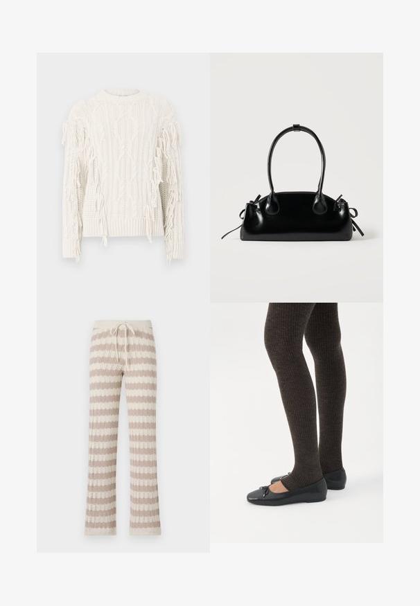 Suéter blanco de punto grueso con patrones de trenzado, que presenta un largo fleco en las mangas y un dobladillo acanalado.; Pantalones de lounge de punto con rayas verticales en beige y crema, que cuentan con una cintura ajustable con cordón y una textura de punto abierto.; Piernas con leggings oscuros acanalados combinados con bailarinas negras que presentan pequeños detalles de lazo sobre un fondo blanco.; Pequeño bolso negro brillante con dos asas largas y detalles de cordón lateral sobre un fondo claro liso.