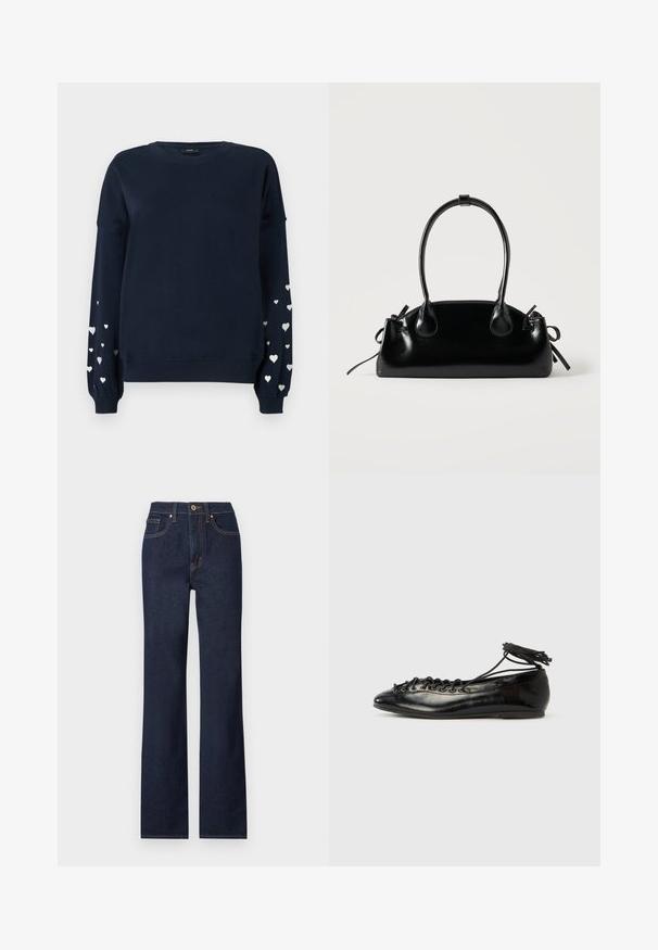 Marineblå sweatshirt med lange ærmer, der har spredte sølvfarvede hjerter på ærmerne, ribbede manchetter og rund halsudskæring.; Mørkeblå denim jeans med lige ben, featuring en frontlukning med knap, fem lommer og kontrasterende syninger.; Sorte balletflade sko i laklæder med rundet tå, snørelukning og flad sål. Glat tekstur med få detaljer.; Lille sort blank håndtaske med to lange håndtag og snøre-detaljer i siden på en ensfarvet lys baggrund.