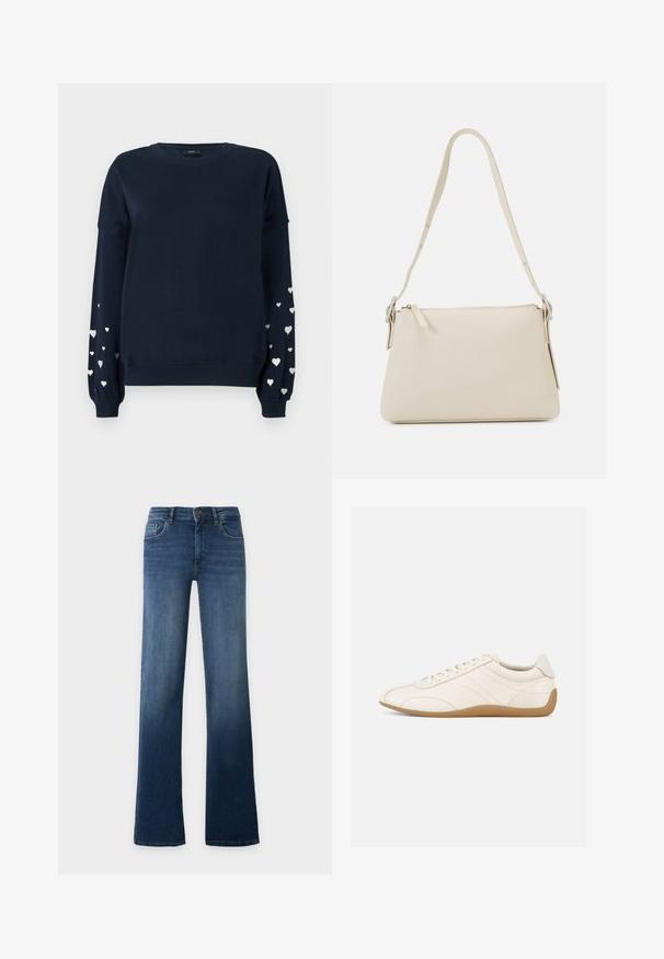 Marineblauwe sweatshirt met lange mouwen, voorzien van verspreide zilveren hartpatronen op de mouwen, ribgebreide manchetten en ronde halslijn.; Blauwe high-waist jeans met rechte pijpen, knoop- en ritssluiting, voor- en achterzakken, getoond op een effen lichte achtergrond.; Witte leren sneaker met een gladde textuur, ronde neus en tonale stiksels. Voorzien van een tankleurige rubberen zool en vetersluiting.; Beige schoudertas van glad leer met een ritsluiting. Kenmerkt zich door een eenvoudig ontwerp, een slanke schouderband en metalen hardwareaccenten.