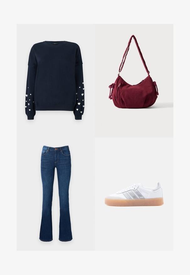 Marineblauer Sweatshirt mit langen Ärmeln, das verstreute silberne Herzmuster auf den Ärmeln, gerippte Bündchen und einen Rundhalsausschnitt aufweist.; Ausgestellte blaue Denim-Jeans mit mittelhohem Bund, ausgestattet mit Vorder- und Hintertaschen, orangefarbener Naht und Knopfverschluss.; Weißer Sneaker in niedrigem Schnitt mit brauner Sohle, seitlichen silbernen Streifenakzenten und Schnürverschluss, dargestellt vor hellem einfarbigem Hintergrund.; Weiche bordeauxrote Cord-Schultertasche mit verstellbarem Riemen, Reißverschluss, seitlichen Bändern und einer vorderen Reißverschlusstasche.
