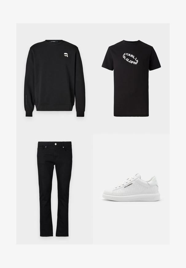 Sweatshirt noir à col rond, avec des poignets et un ourlet côtelés. Présente un petit graphique sur la poitrine et le nom de la marque imprimé sur la manche.; T-shirt en coton noir à manches courtes et col rond. Présente un texte de logo blanc distordu imprimé sur le devant.; Jeans en denim noir à coupe slim, design à jambe droite, style cinq poches, et fermeture à bouton en métal, avec des détails de couture minimalistes.; Baskets blanches en cuir lisse avec motif gaufré. Présentent un bout rond, un laçage à l'avant et une semelle texturée. Détail du logo argenté sur le côté.