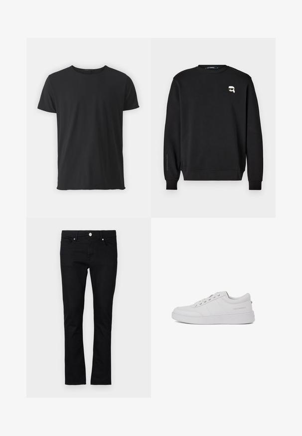 Sudadera negra con cuello redondo, puños y bajo acanalados. Presenta un pequeño gráfico en el pecho y el nombre de la marca impreso en la manga.; Camiseta de manga corta negra, hecha de algodón suave, con un cuello redondo clásico y una textura suave, con un corte recto.; Jeans de mezclilla negra con un corte ajustado, diseño de pierna recta, estilo de cinco bolsillos y cierre de botón metálico, con detalles de costura mínimos.; Zapatillas de cuero blanco con un diseño clásico de corte bajo, suela plana y un sutil logo de la marca en el talón. Cuenta con cinco ojales metálicos para los cordones.