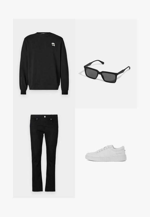 Sweatshirt noir à col rond, avec des poignets et un ourlet côtelés. Présente un petit graphique sur la poitrine et le nom de la marque imprimé sur la manche.; Jeans en denim noir à coupe slim, design à jambe droite, style cinq poches, et fermeture à bouton en métal, avec des détails de couture minimalistes.; Baskets blanches en cuir avec un design classique à tige basse, semelle plate et logo de marque discret sur le talon. Présente cinq œillets métalliques pour les lacets.; Lunettes de soleil noires avec des verres rectangulaires, finition mate, épaisses montures et branches fines comprenant un subtil détail de marque.