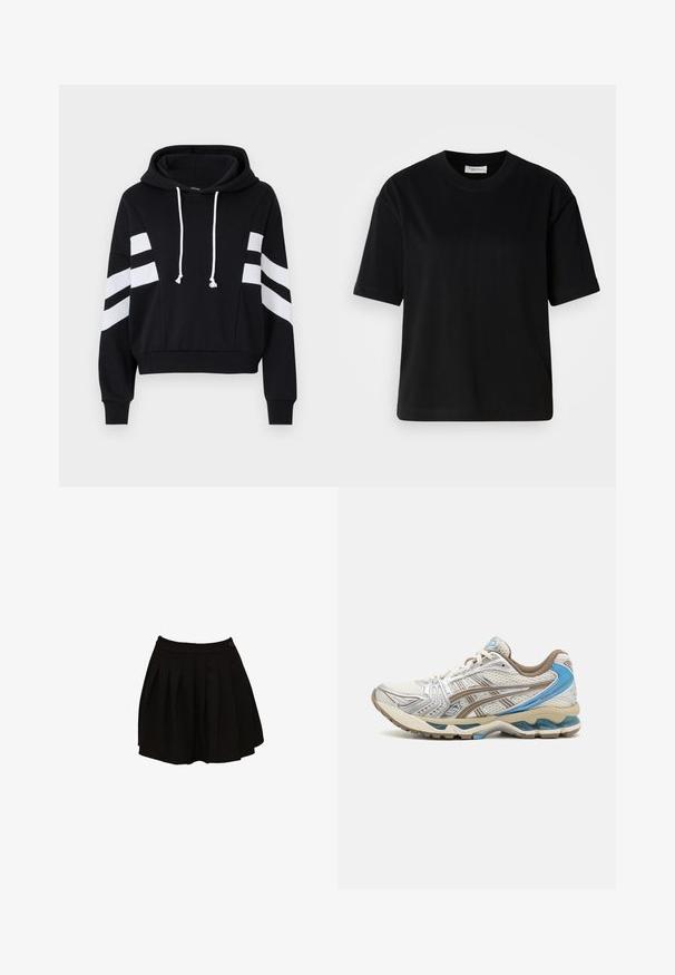 Čierny skrátený hoodie s bielymi pruhovanými detailmi na rukávoch a s kapucňou so sťahovacou šnúrkou. Vyrobené z mäkkej tkaniny s voľným strihom.; Čierne bavlnené tričko s krátkymi rukávmi, okrúhlym výstrihom a uvoľneným strihom. Hladká textúra a minimalistický dizajn bez viditeľných vzorov alebo akcentov.; Čierna plisovaná sukňa s priliehavým pásom a detailom jedného gombíka. Textília vyzerá hladko a ľahko, navrhnutá pre rozšírený strih.; Bielo-béžová bežecká obuv s modrými akcentmi, sieťovinovým zvrškom, polstrovanou podrážkou a šnurovaním, zobrazená z vonkajšej strany.