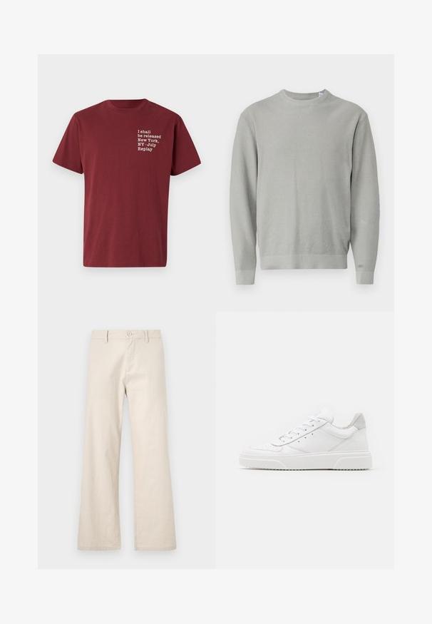 Lichtgrijze trui met lange mouwen en een rond halsboordje, voorzien van een gestructureerd breipatroon en geribbelde manchetten en zoom.; Bordeaux katoenen t-shirt met ronde hals, korte mouwen en witte tekst: "I shall be released New York, NY - July Replay" op de borst.; Beige wijde broekspijpen gemaakt van lichtgewicht stof, met een knoopsluiting en voorkruiszakken, met een gladde, niet-geweven afwerking.; Witte leren sneakers met een gladde afwerking, ronde neus, platte veters en een gestructureerde zool. Grijze suède accent bij de hiel.