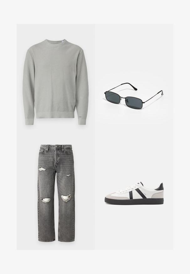 Jersey de cuello redondo y manga larga en color gris claro, con un patrón de punto texturizado y puños y dobladillo acanalados.; Jeans de denim gris con un ajuste holgado, presentando desgastes en las rodillas, un diseño clásico de cinco bolsillos y un cierre con cremallera.; Zapatilla blanca con acentos en negro y gris, que presenta una puntera texturizada en gris, suela de goma negra y cordones planos blancos. Diseño limpio, estilo minimalista.; Gafas de sol rectangulares negras con marco delgado de metal y lentes oscuros apoyadas sobre una superficie blanca.