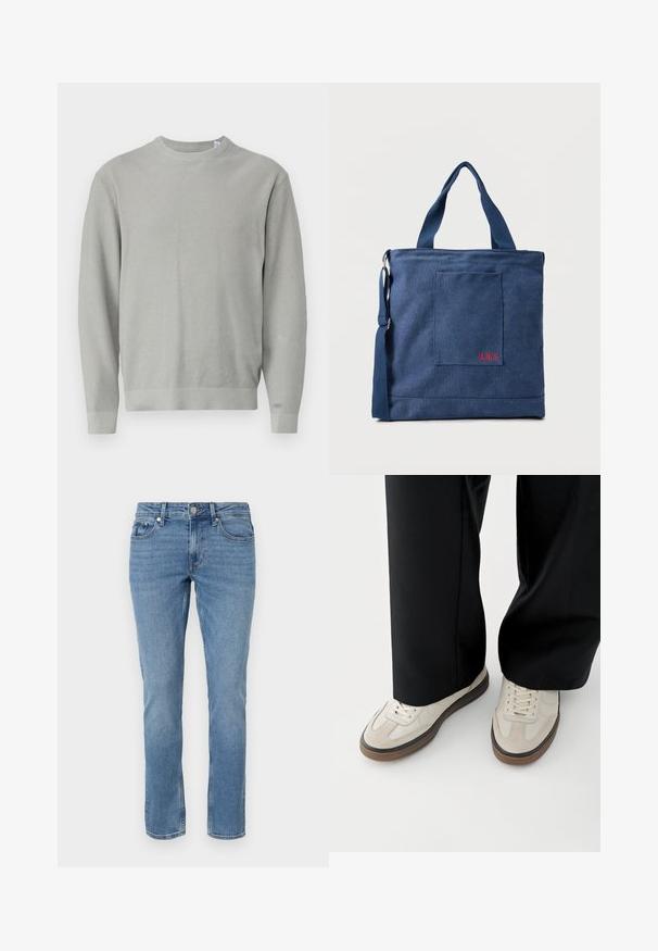 Lysegrå, langærmet sweater med rund hals, tekstureret strikkemønster samt ribstrikkede manchetter og kant.; Blå lige ben denim jeans med for lommer, bæltesløjfer og knaplukning.; Fødder iført beige sneakers med brune såler og sorte bukser med vide ben på hvid baggrund.; Blå lærredstote taske med frontlomme og rød "O.N.S" broderi, med to håndtag og en justerbar skulderrem.