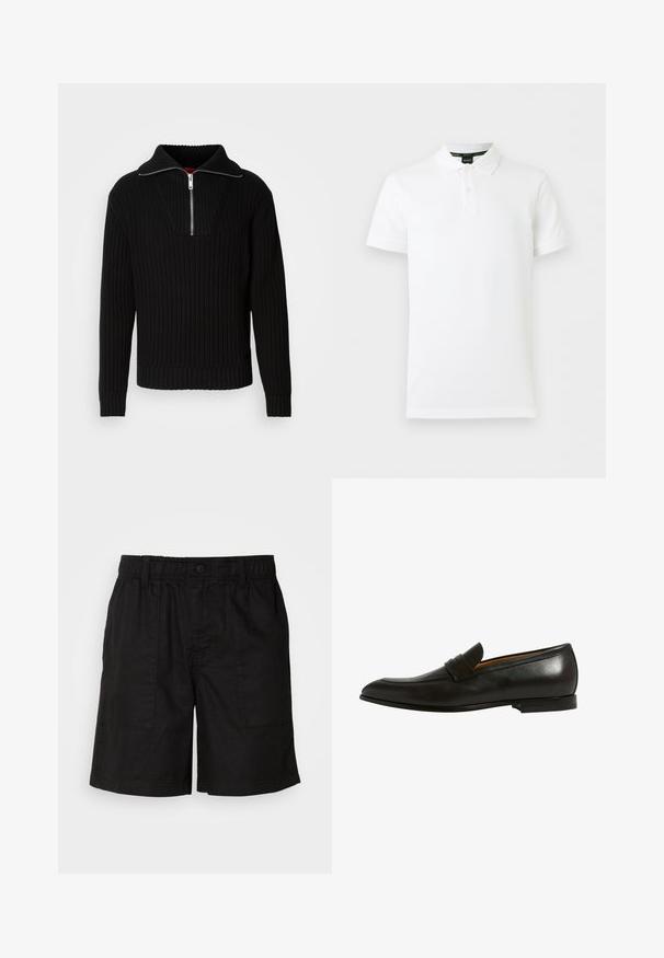 Schwarzer gerippter Pullover mit hohem Kragen und kurzem Reißverschluss. Verfügt über einen strukturierten Stoff und enganliegende Bündchen, die eine konturierte Silhouette bieten.; Weißes kurzärmeliges Poloshirt mit Kragen und zweiknöpfiger Blende, mit einem dezenten Logo auf der linken Brust.; Schwarze Shorts mit einem elastischen Bund und einem Knopfverschluss. Verfügt über zwei große seitliche Taschen aus einem strukturierten Stoff. Lässiges Design.; Schwarzer Lederloafer mit glatter Textur, spitz zulaufendem Design und dekorativem Riemen über dem Rist. Robuste, flache Sohle.
