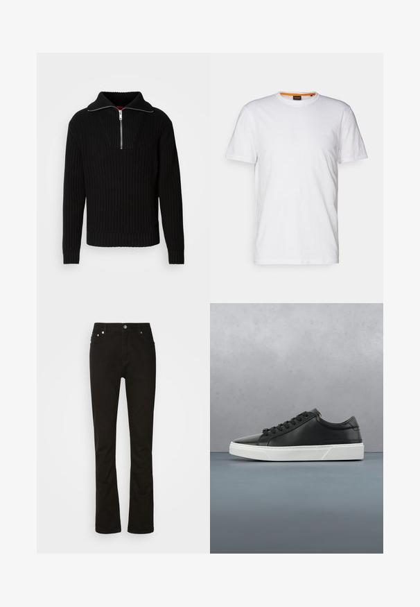 Schwarzer gerippter Pullover mit hohem Kragen und kurzem Reißverschluss. Verfügt über einen strukturierten Stoff und enganliegende Bündchen, die eine konturierte Silhouette bieten.; Weißes Baumwoll-T-Shirt mit Rundhalsausschnitt, kurzen Ärmeln und einem dezenten geprägten Logo auf der Brust. Das Innenschild hat einen orangefarbenen Akzent.; Schwarze Jeans aus Denim mit geradem Bein, ausgestattet mit vorderen Taschen, einem Reißverschluss und silbernen Hardware-Details. Glatte Textur, ohne Muster.; Schwarze Leder-Sneaker mit runder Zehenpartie, strukturiertem Obermaterial, weißer Gummisohle und schwarzen Schnürsenkeln. Minimalistisches Design mit schlankem Profil.