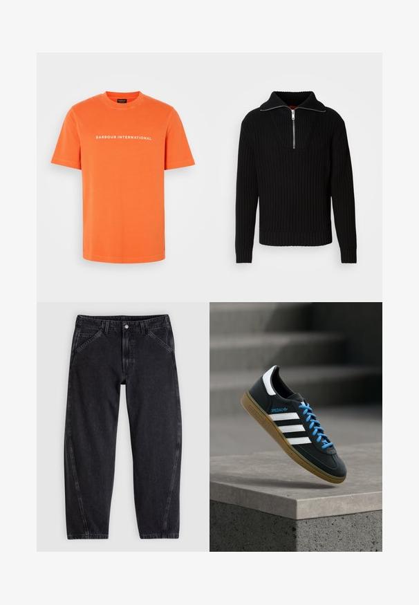 Schwarzer gerippter Pullover mit hohem Kragen und kurzem Reißverschluss. Verfügt über einen strukturierten Stoff und enganliegende Bündchen, die eine konturierte Silhouette bieten.; Oranges Baumwoll-T-Shirt mit rundem Halsausschnitt und kurzen Ärmeln. Auf der Brust steht in weißem Text "BARBOUR INTERNATIONAL".; Schwarze Jeans aus Denim mit lockerem Schnitt, ausgestattet mit einem normalen Bund, einem Fünf-Taschen-Design und Kontrastnähten entlang der Nähte.; Schwarzer Adidas-Sneaker mit weißen Streifen, blauen Schnürsenkeln und Gummisohle, der über einer grauen Betontreppe im weichen Licht schwebt.