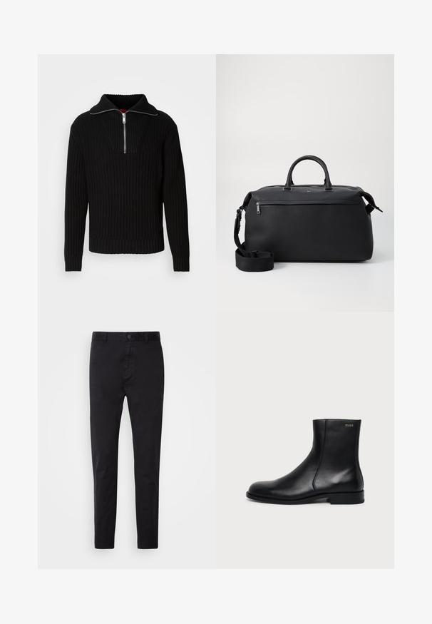 Pull noir à côtes avec un col haut et une fermeture éclair courte. Présente un tissu texturé et des poignets ajustés, offrant une silhouette structurée.; Chinos noirs avec une texture lisse, fermeture à bouton et design fuselé. Idéal pour une tenue décontractée ou semi-formelle.; Bottine en cuir noir à talon bas, couture latérale et petit logo "HUGO" sur le revers supérieur sur un fond uni.; Sac de voyage en cuir noir avec deux poignées supérieures, une bandoulière amovible et une poche avant zippée pour un espace de rangement supplémentaire.