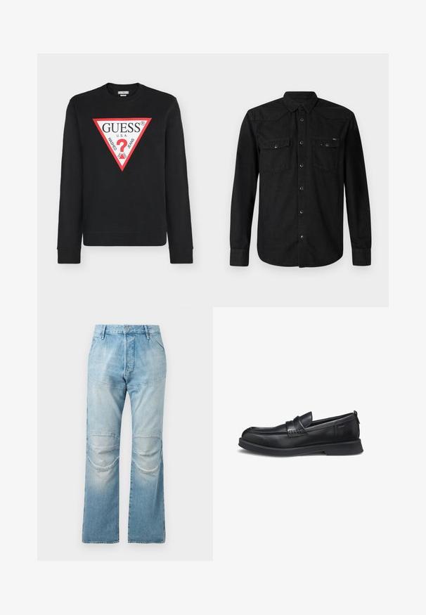 Zwarte lange mouwen sweatshirt met een groot rood-wit driehoekig GUESS-logo met een rood vraagteken en de tekst "WASHED JEANS U.S.A." gecentreerd op de borst.; Zwarte lange mouw shirt van katoen met een knoopsluiting aan de voorkant, twee borstzakken en een puntige kraag. Kenmerkt zich door contrasterende knoopaccenten.; Lichtblauwe, hooggewaisted jeans met een rechte snit, voorzien van kniestukken en een vervaagde textuur. Metalen knoopsluiting bij de taille.; Zwarte leren loafer met afgeronde neus, lage hak en doorgestikte banddetail op witte achtergrond, zijaanzicht.